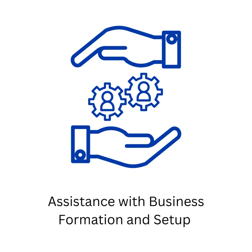 Icon of two hands encompassing gears, with icons of people in, them working together