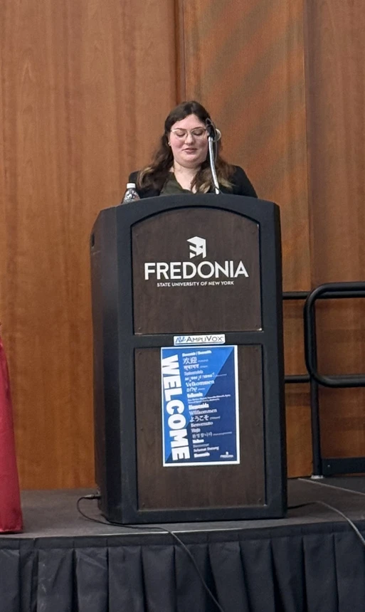 Fredonia student speaks at the podium during the 2026 Constitution Day program in the Williams Center.