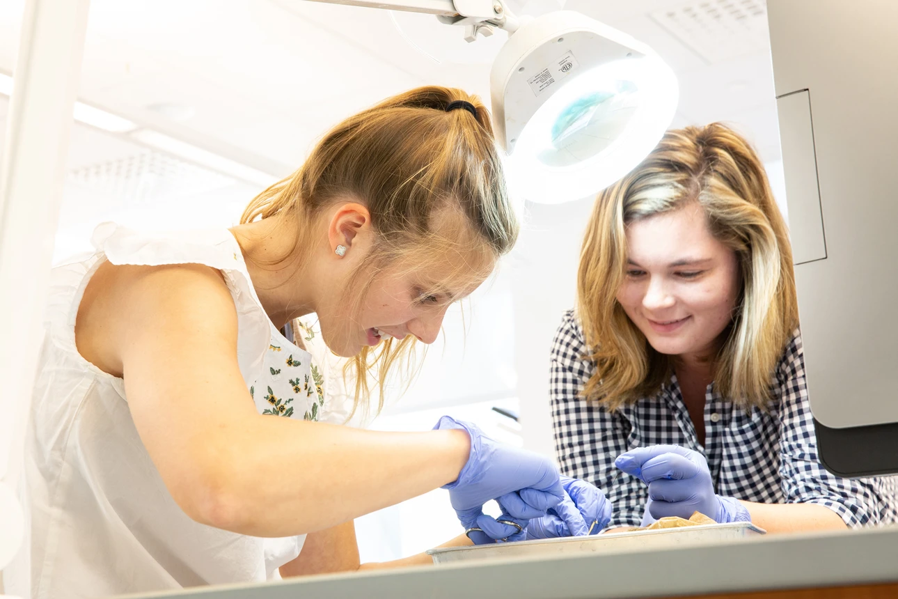 two students work on a project in a science center lab