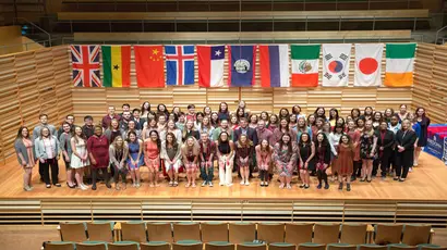 Group photo from International Student Reception in Rosch Hall