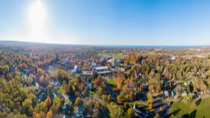 Aerial view of the Fredonia campus on a fall day