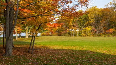 Typical fall day on campus looking at the 3 Man Hill sculpture. Apply now to one of the most affordable universities in the country.  