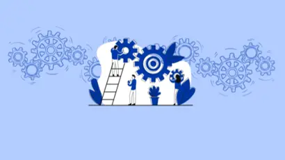 Cartoon of three people working together, gears, ladder, plants
