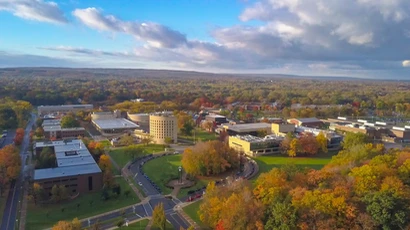 Aerial view of campus in autumn