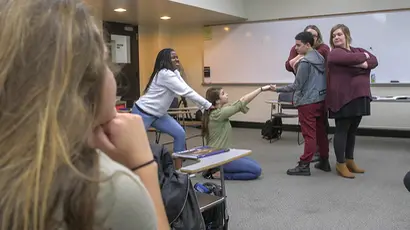 Fredonia students portraying Shakespearean characters during class, Major in english, english major, english degree, majoring in english.
