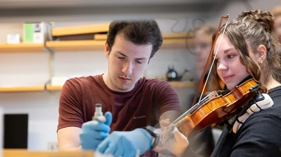 student in science lab and student playing violin