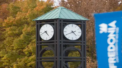 clock tower and banner