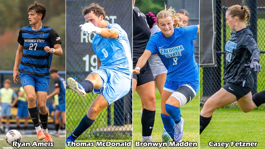 four soccer players in action