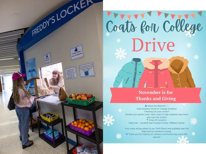 student receiving bag at the food pantry and coats