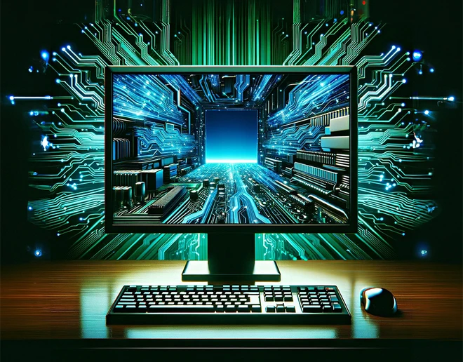 computer screen with tech illustrations