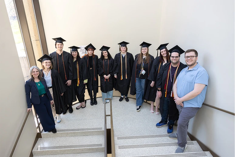 ACE Program Director Susan McGee with graduating students Sarah Bliek, Nicholas Mruk, Lynn Patterson, Nikko Sandgren, Maya Monell, Alexandria Clemente, Hanna Bigelow, Emma Miller, and Matthew Rugg, and ACE Program Advisor Greg Swab. 