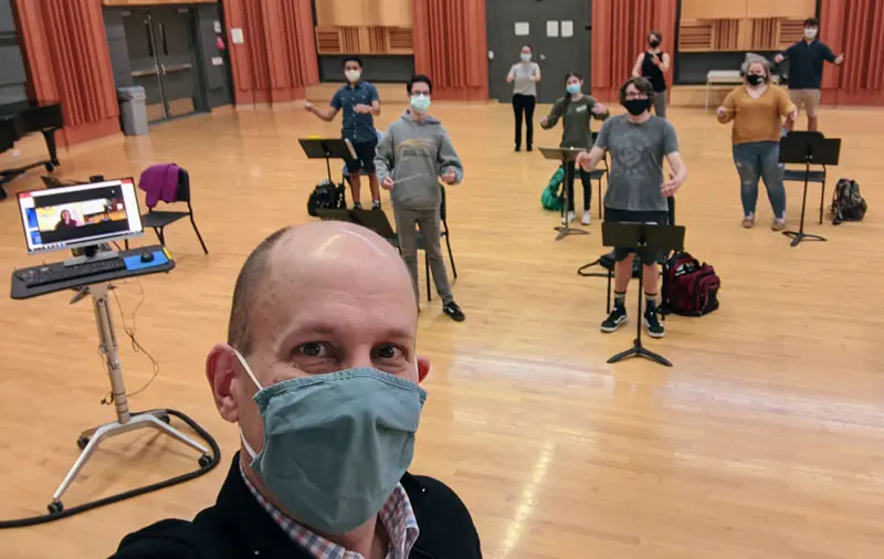 Dr. Christian Bernhard in class in the Maytum Reearsal Hall.