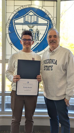 Brody Brown, with Daniel Cherry, front-of-house manager at Michael C. Rockefeller Arts Center, who nominated him for the Residence Life award.