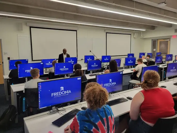 SUNY Fredonia President Stephen H. Kolison addressing camp attendees.