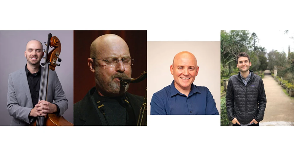 Associate Professor Kieran Halon (left) will be joined by Gary Keller, Bob Sneider and Eric Metzgar in a recital on April 23 in the Juliet J. Rosch Recital Hall.