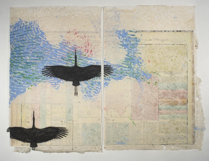 “Migration Lilienthal Storks 1,” intaglio monoprint on handmade pulp-painted Gampi/Kozo mounted on antique Map printed on handmade paper. Diptych, 18"x25", 2025.