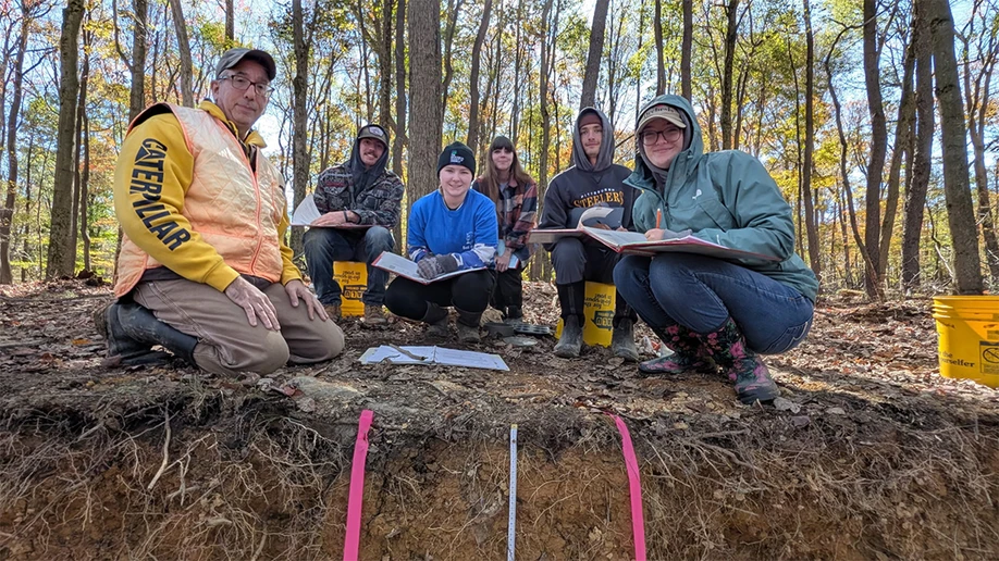The SUNY Soil Judging Team contingent includes (from left) Dr. Mathew Purtill (coach), Alex Gombos, Mia Enders, Rachel Echevaria (coach), Weston Hepler and Emma Steffenhagen (missing from the photo is coach Dominique Martello).