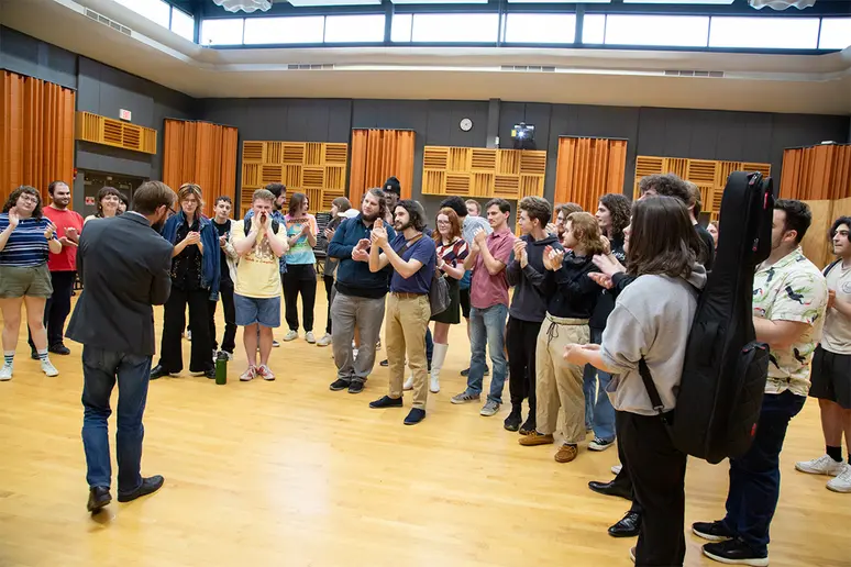 Dr. Nick Weiser announcing the award at a gathering of all Jazz Studies students.