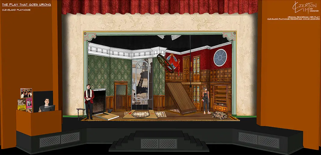 A view of the dilapidated set of “The Play That Goes Wrong” as it falls apart toward the end of the performance.