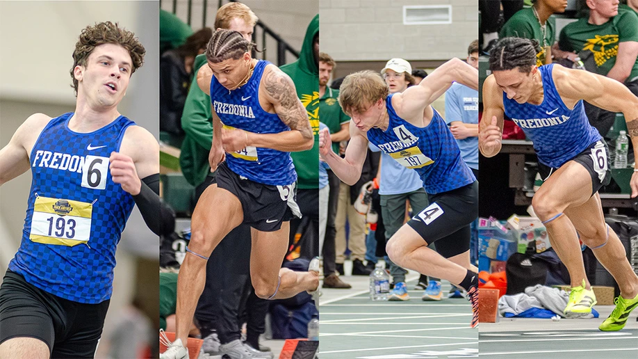 The winning 4x200m relay team members in action including Talon Rowland, Cam Sample, Aiden VanAmburg, and Jordan Lockett