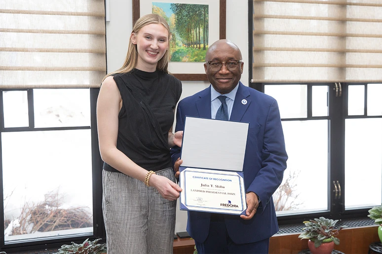 Julia T. Skiba, recipient of the 2026 Lanford Presidential Prize, with President Stephen H. Kolison Jr.