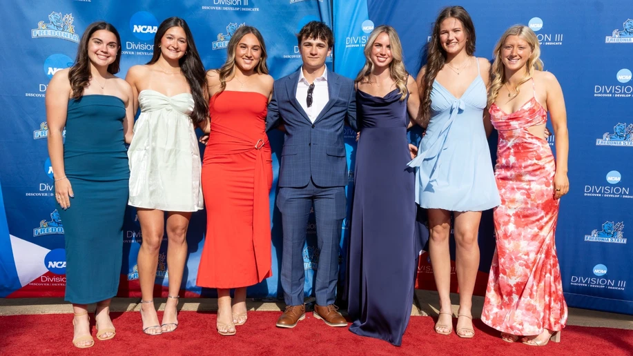 Members of the 2026-27 executive board are, from left, Jocelyn Gudyka (women's soccer), Jinan Clark (women's soccer), Olivia Boswell (women's volleyball), Nick Vitelli (baseball), Hannah Retzer (women's soccer), Maeve Musielak (women's volleyball), and Amelia Lefevre (women's lacrosse). Photo by Travis Bernhard