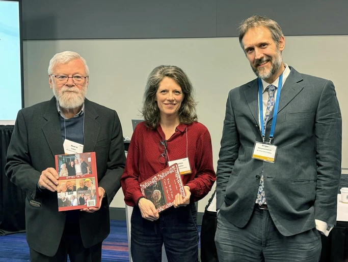 Dr. Birger Vanwesenbeeck (right) with Dr. Mark Gelber and Dr. Martina Wörgötter-Peck, who hold their copies of Sivan Adler's edited Holocaust memoir.