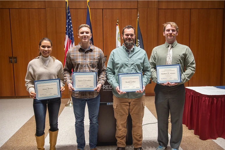 Recipients of scholarships announced at the Veterans Remembrance Ceremony include (from left) Alany Ivera, Aaron LoGiudice, Brodie Loftus and Matthew Adams.