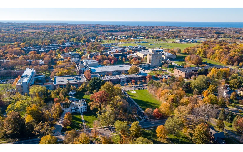aerial photo of campus during the fall season