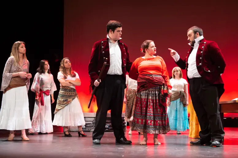 Students rehearse a scene from "Carmen" in the 1891 Fredonia Opera House.