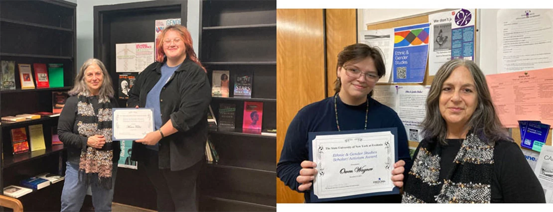 Mason Fuller (in left photo), with Owen Wagner, with Ethnic and Gender Studies Coordinator Jeanette McVicker.