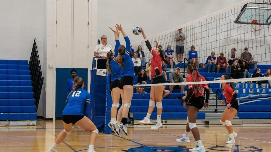 volleyball players in action in Dods Hall