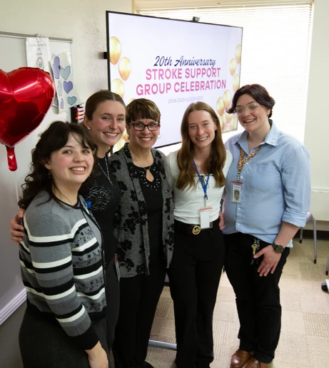 Presenters at the stroke/head injury support group anniversary celebration were (from left): graduate students Lauren DuFresne and Emma Bensen, Clinic Director Julie Williams, and graduate students Caitlyn Ferguson and Meg Burnard.
