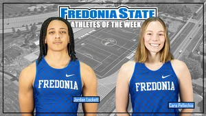 athletes in front of image of track/field