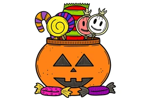 Halloween carved pumpkin with candy
