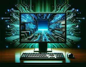computer screen with tech illustrations