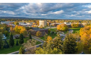 aerial photo of campus in the fall season