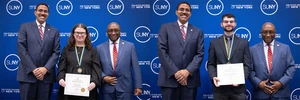 Sivan Adler and Alexander Scalcione at the awards ceremony with SUNY Chancellor John B. King Jr. (left) and SUNY Fredonia President Stephen H. Kolison Jr.
