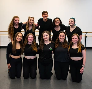 Members of Rince: Fredonia Irish Dance include (front row, from left): Sarah Warren, Makayla Mohrman, Molly Radigan, Alyssa Marley, Allyson Mohrman, and (back row): Eliora Emmott, Sydney Mclelland, Jackson Kelly,  Rayne Mescallado, and current Jamestown Community College student Quincy Goyer. Missing from the photo is Maddie DeJoy (photo by Katherine Hanley).