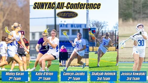 five lacrosse players in action