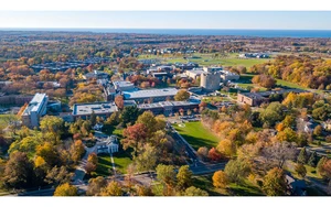 aerial photo of campus during the fall season