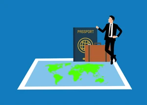 illustration including images of a map, passport, luggage and man