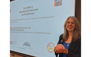 presenter Valerie Mackiewicz, M.S., AACC, CACP in front of screen