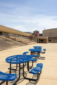 New ADA-accessible tables in front of Reed Library