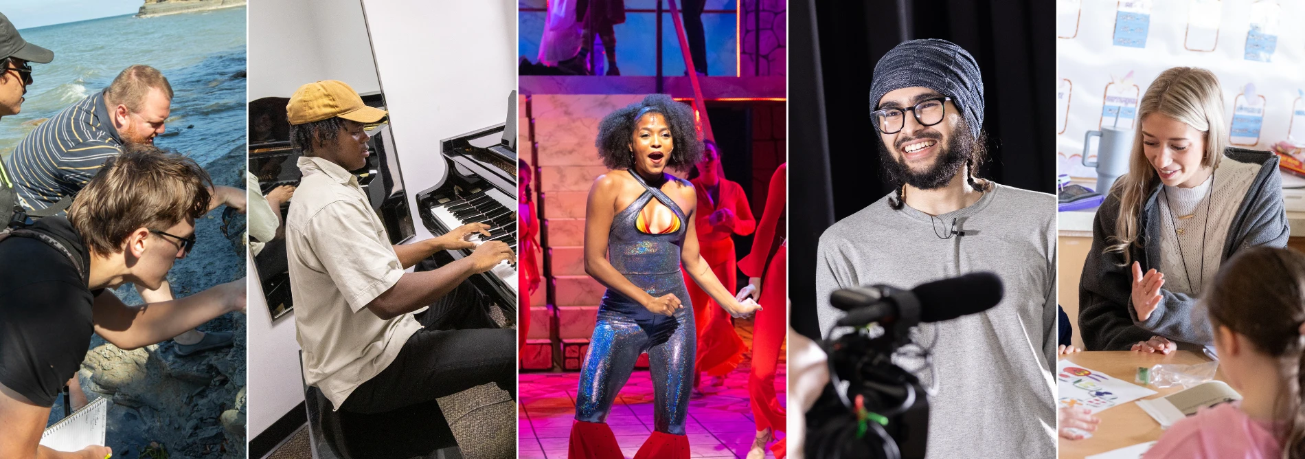 collage of students engaged in different activities around campus.  