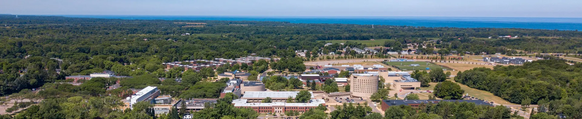 Aerial view of the Fredonia campus with Lake Erie in the background.  