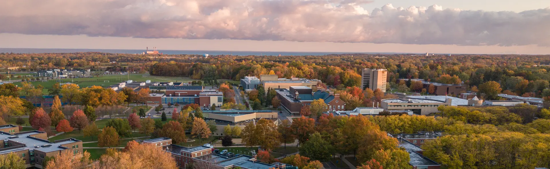 Aerial view of the Fredonia campus at sunset
