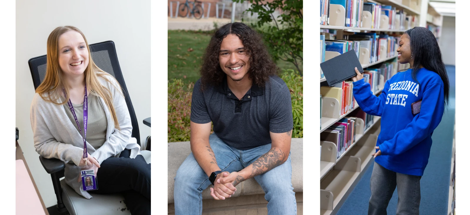 Three Fredonia students posing on different parts of campus