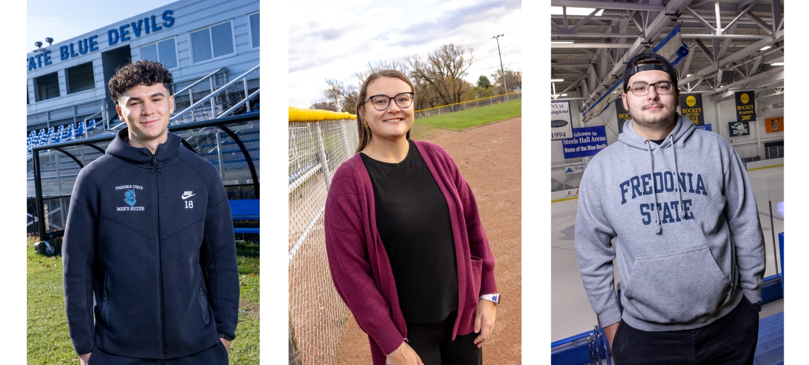 Triptych of Fredonia students in different athletic areas on campus
