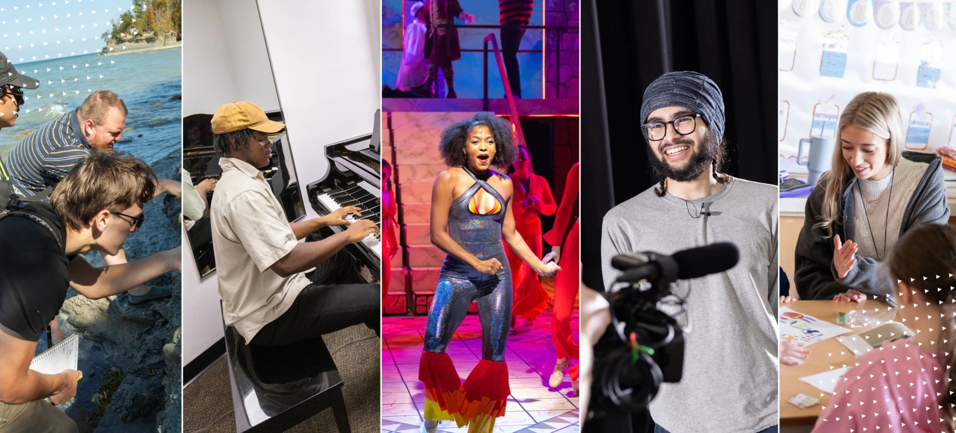 collage of students engaged in different activities around campus.  